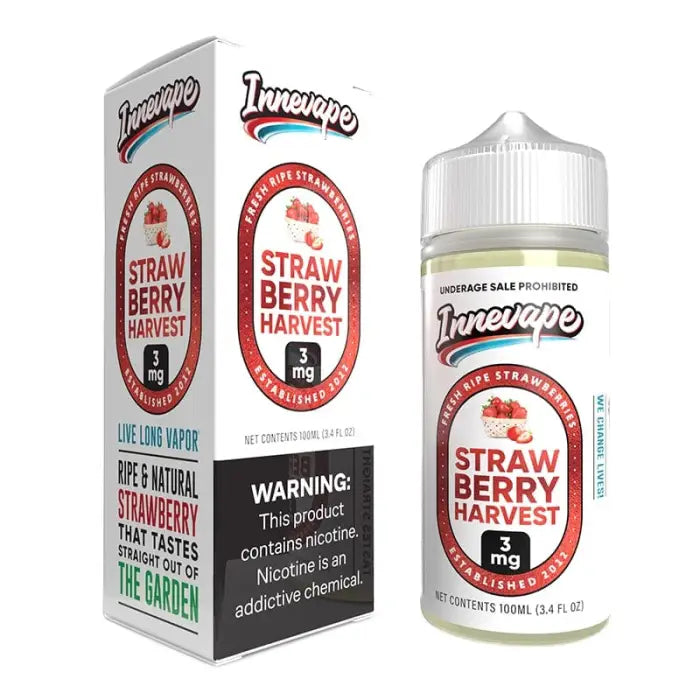 E-liquid bottle and packaging for ’Strawberry Harvest’ flavor by Vapevape, featuring a strawberry design and nicotine warning label.