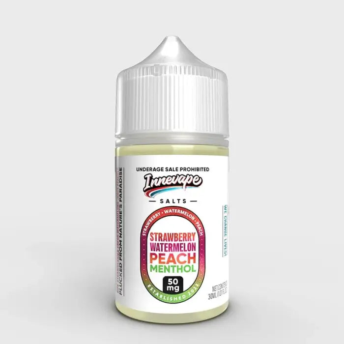 Bottle of e-liquid or vape juice with a colorful label listing fruit flavors.