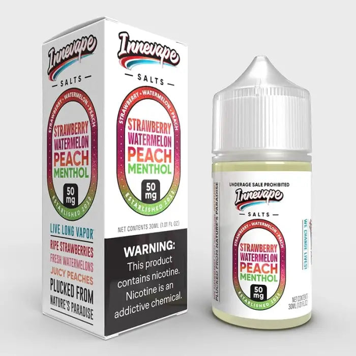 E-liquid bottle with colorful packaging featuring fruit and menthol flavors.