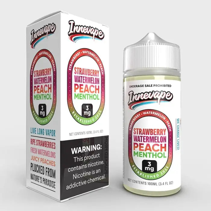 E-liquid bottle with packaging boxes displaying the Innevape brand and flavor information.