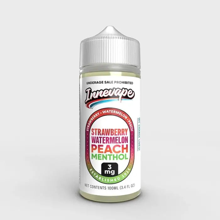 Bottle of e-liquid labeled ’Juicevape’ with strawberry, watermelon, peach, and menthol flavors.