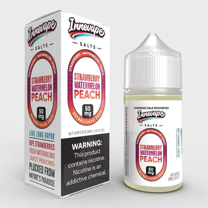 E-liquid bottle with packaging for strawberry watermelon peach flavor.