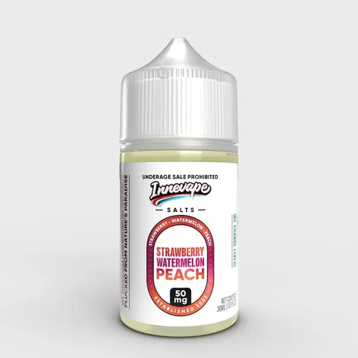 Bottle of e-liquid labeled ’Strawberry Watermelon Peach’ from the Vapetasia Salts line.