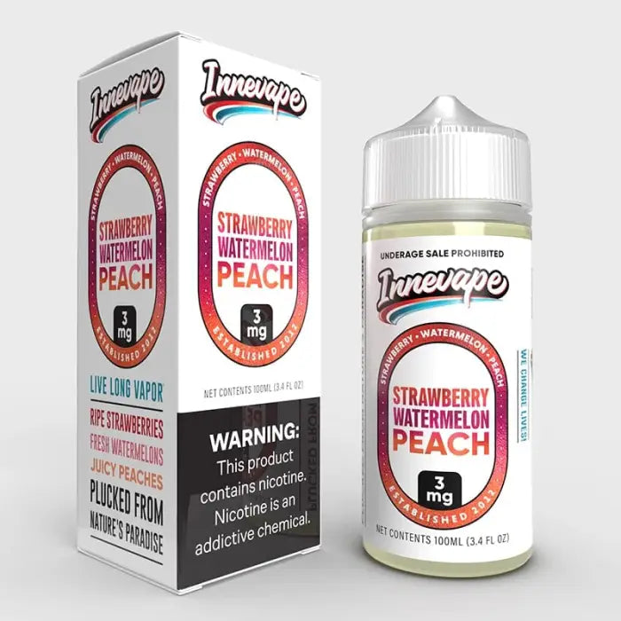 E-liquid bottle and packaging for ’Strawberry Watermelon Peach’ flavor from the Lovevape brand.