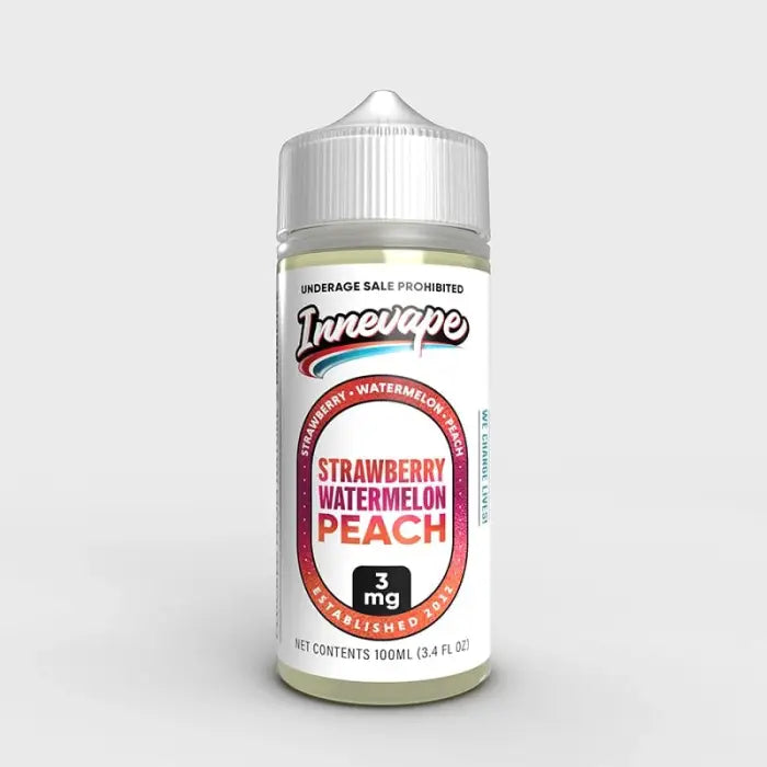 E-liquid bottle labeled ’Strawberry Watermelon Peach’ from the Juicevape brand.