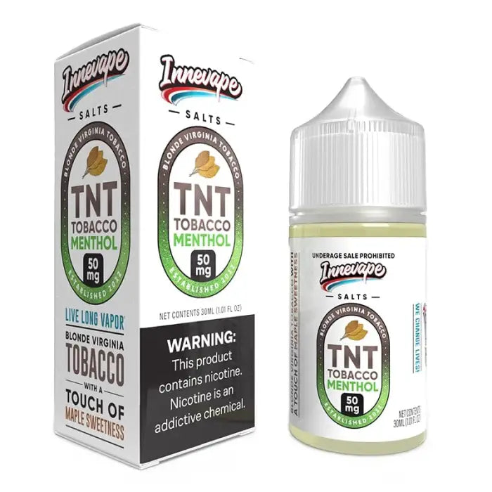 E-liquid bottle and packaging for ’TNT Tobacco Menthol’ flavor by Innevape Salts.