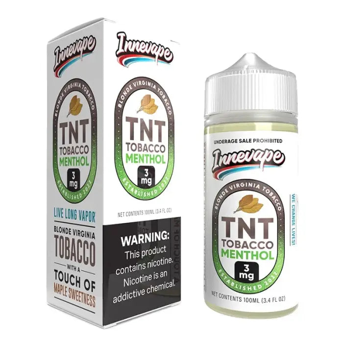 E-liquid bottle and packaging for ’TNT Tobacco Menthol’ flavor from the Innevape brand.