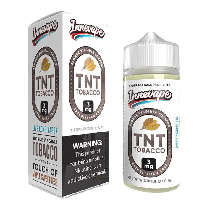 E-liquid bottle and packaging for TNT Tobacco flavored vape juice by Innevape.