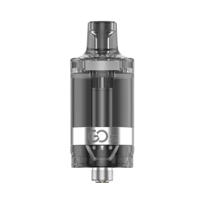 Cylindrical vaping tank or atomizer with a transparent section and metallic components.