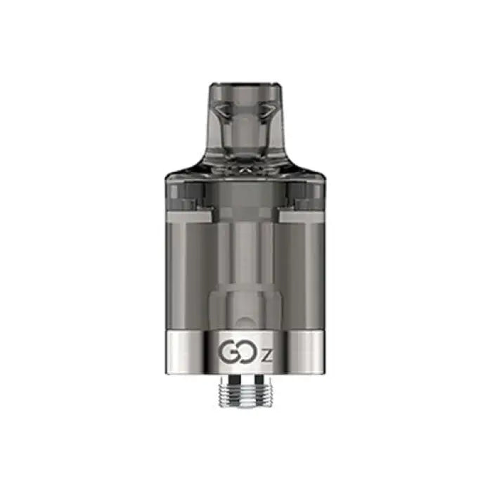 Vaping tank or atomizer with a transparent body and metallic base labeled ’GO Z’.