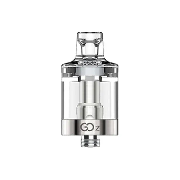 Metallic cylindrical vaping tank or atomizer with a glass section and visible internal components.