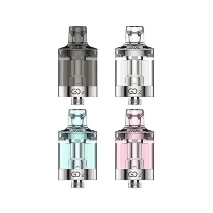 Vaping tanks or atomizers in four different colors: black, clear, light blue, and pink.