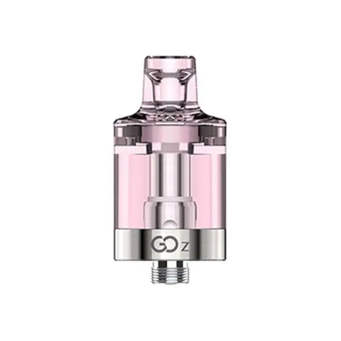 Transparent and pink vaping device or e-cigarette tank.