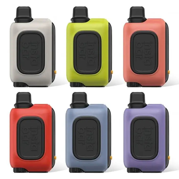 Colorful portable electronic devices with rectangular screens and black caps.