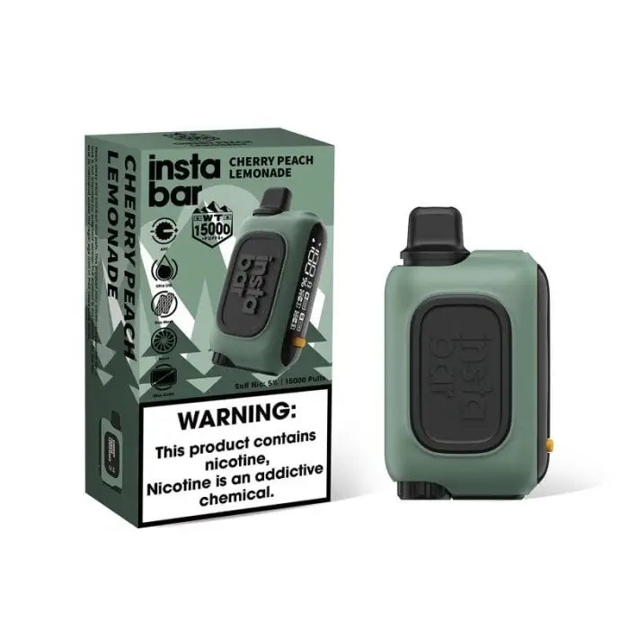 Vaping device with its packaging displaying a warning about nicotine content.