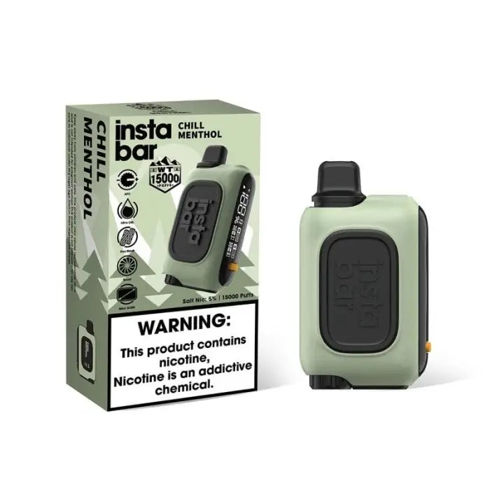 Vaping device with its packaging, labeled ’insta bar’ and featuring a warning about nicotine content.