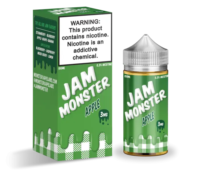 E-liquid bottle and packaging for ’Jam Monster Apple’ flavor vape juice.