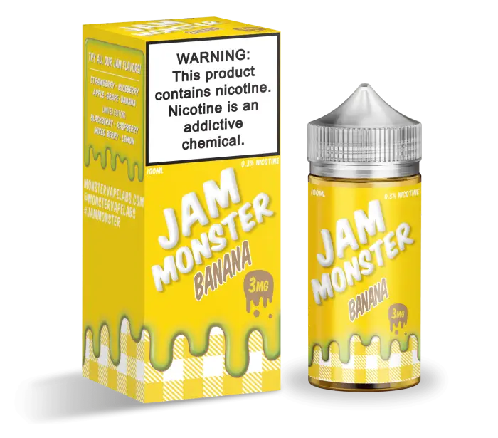 Bottle and packaging of ’Jam Monster’ banana-flavored e-liquid for vaping.