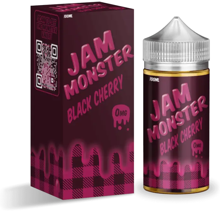 E-liquid bottle and packaging for ’Jam Monster Black Cherry’ vape juice.