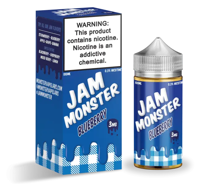 E-liquid bottle and packaging for ’Jam Monster Blueberry’ vape juice.