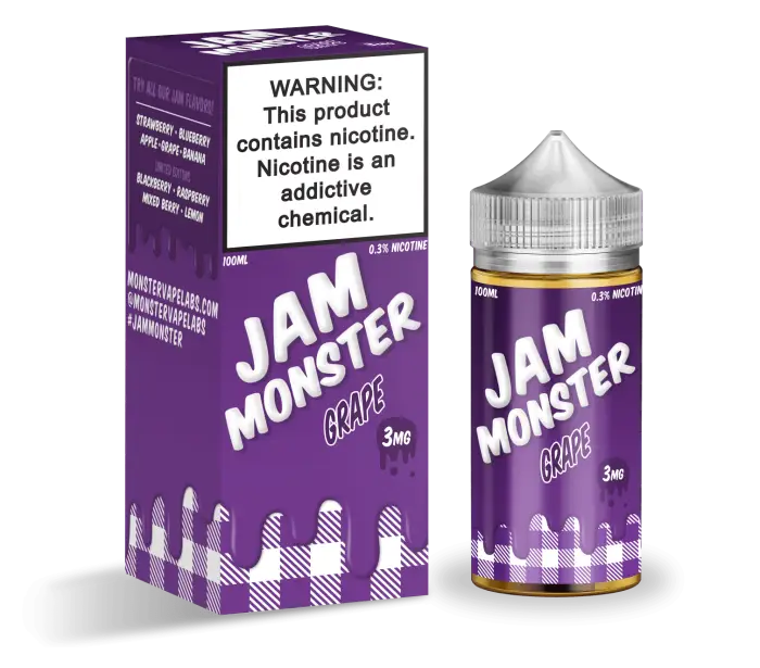 E-liquid bottle and packaging for a product called ’Jam Monster Grape’ with a nicotine warning.