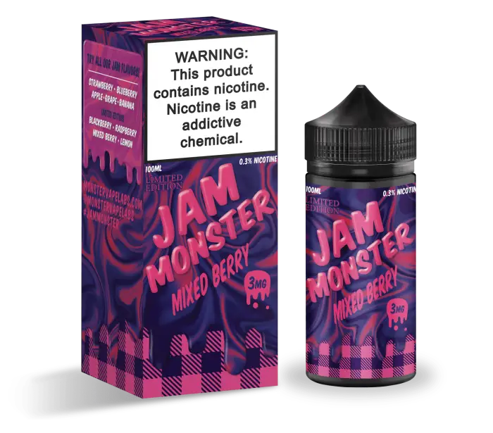 E-liquid bottle and packaging for ’Jam Monster Mixed Berry’ vape juice with a nicotine warning label.