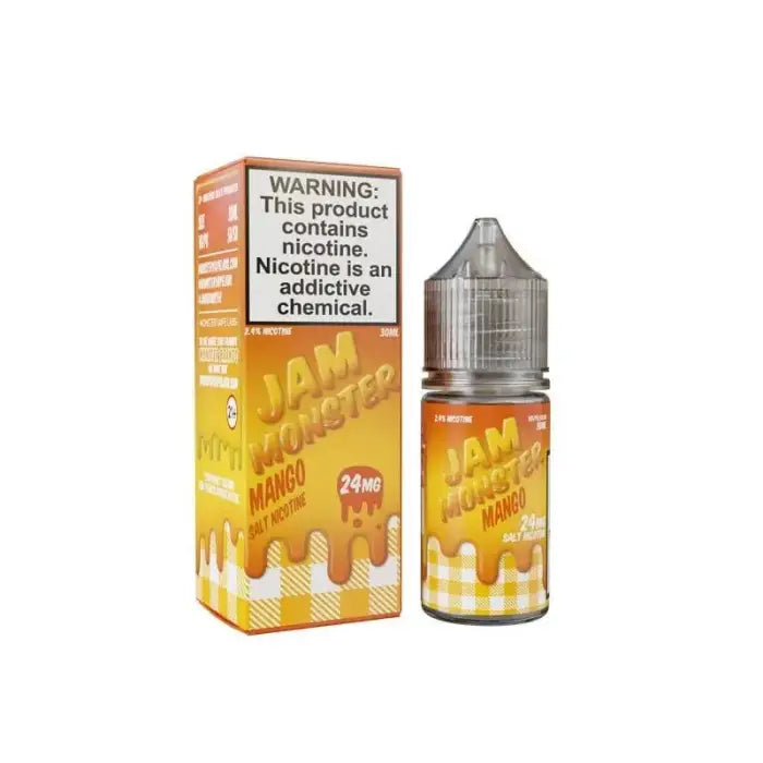 E-liquid bottle and packaging for ’Jam Monster’ mango-flavored vape juice with nicotine warning.