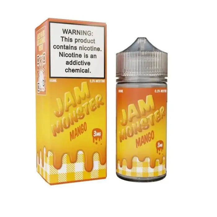 E-liquid bottle and packaging for ’Jam Monster Mango’ vape juice with a nicotine warning label.