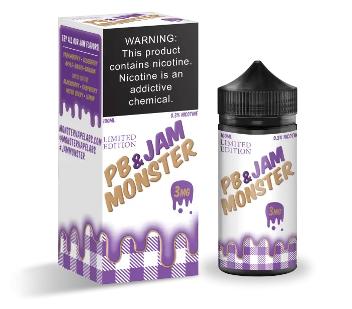 E-liquid bottle and packaging for a flavor called ’PB&JAM MONSTER’.