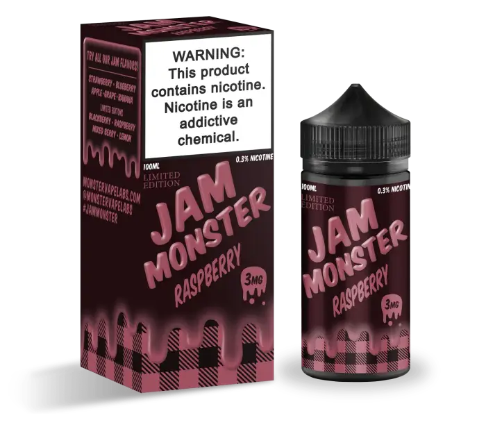 E-liquid bottle and packaging for ’Jam Monster Raspberry’ vape juice.