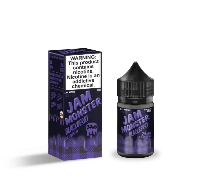 E-liquid bottle and packaging for ’Jam Monster Blackberry’ vape juice.