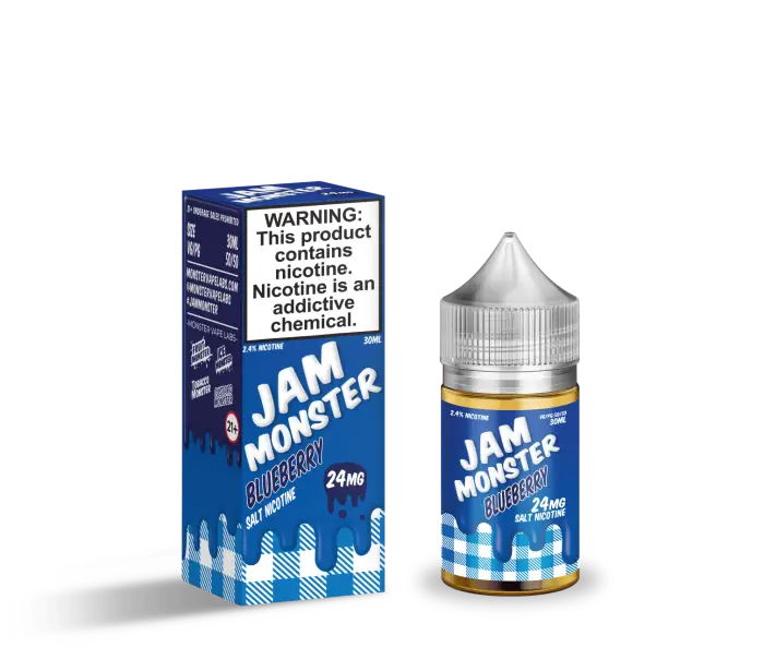 Bottle of ’Jam Monster’ e-liquid with its packaging box.