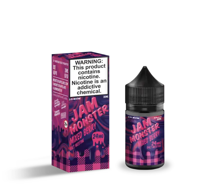 E-liquid bottle and packaging for a vape product called ’Jam Monster Mixed Berry.’