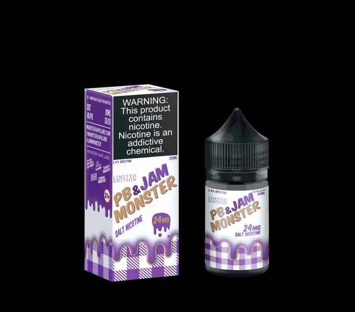 E-liquid bottle and packaging for a vape product called ’PB & Jam Monster’.