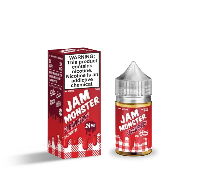 Bottle of ’Jam Monster’ e-liquid or vape juice with its packaging box.