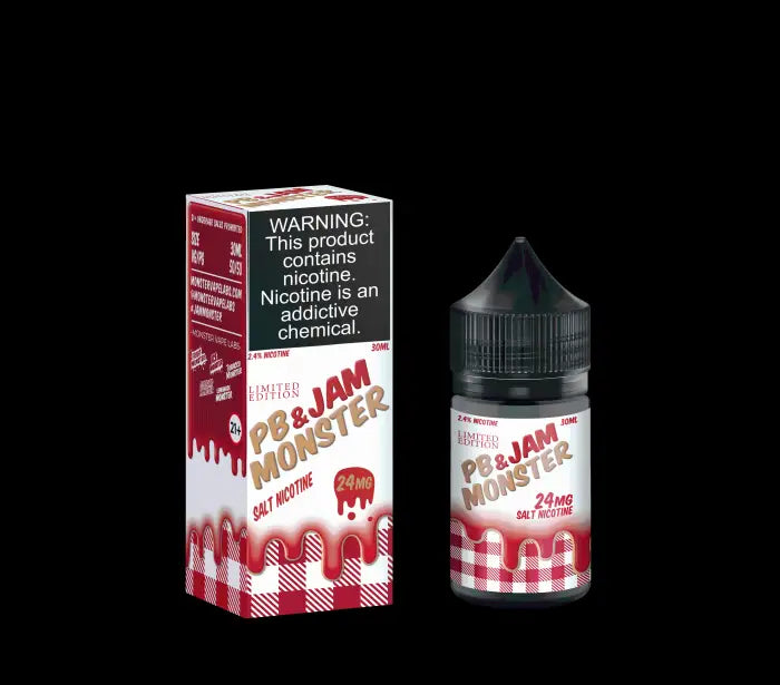 E-liquid bottle and packaging for ’PB & Jam Monster’ vape juice flavor.