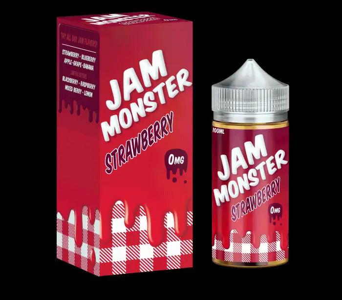 Bottle and packaging of ’Jam Monster’ strawberry-flavored e-liquid for vaping.