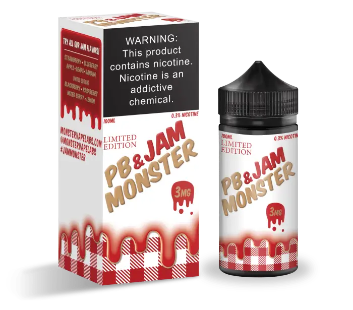 E-liquid bottle and packaging for a flavor called ’PB&JAM MONSTER’.