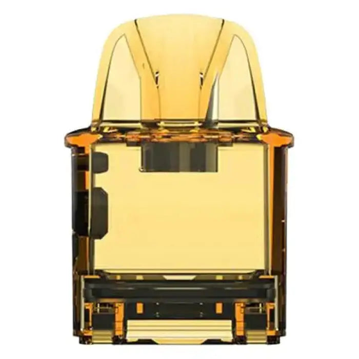 Transparent yellow vape pod or e-cigarette cartridge with visible internal components.