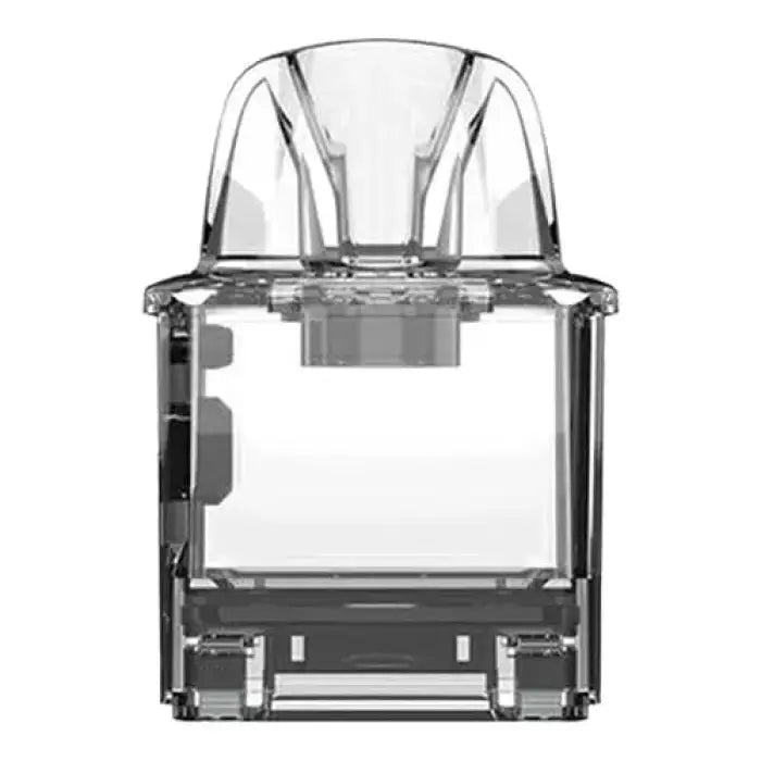 Transparent plastic pod or cartridge with a mouthpiece on top, likely for an electronic vaping device.