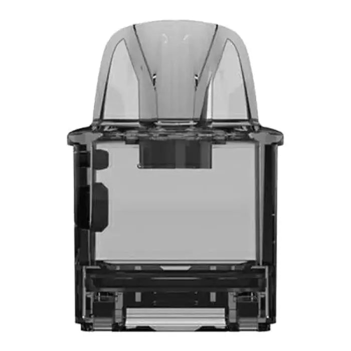 Transparent pod-like cartridge or container with a curved top and visible internal components.