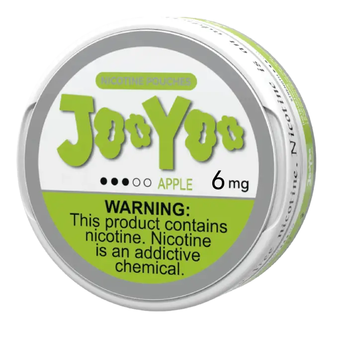 Circular container of JooYoo brand nicotine pouches in apple flavor with 6mg strength.