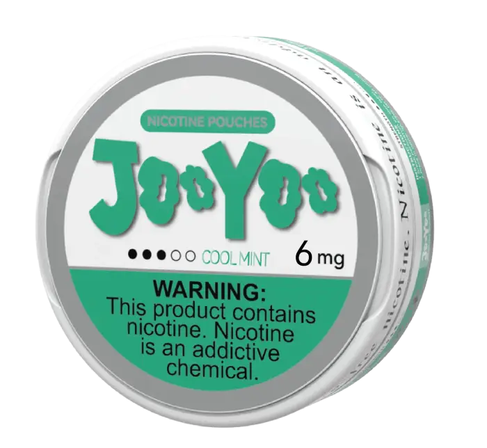 Circular tin of JooYoo brand nicotine pouches in Cool Mint flavor, containing 6mg of nicotine.