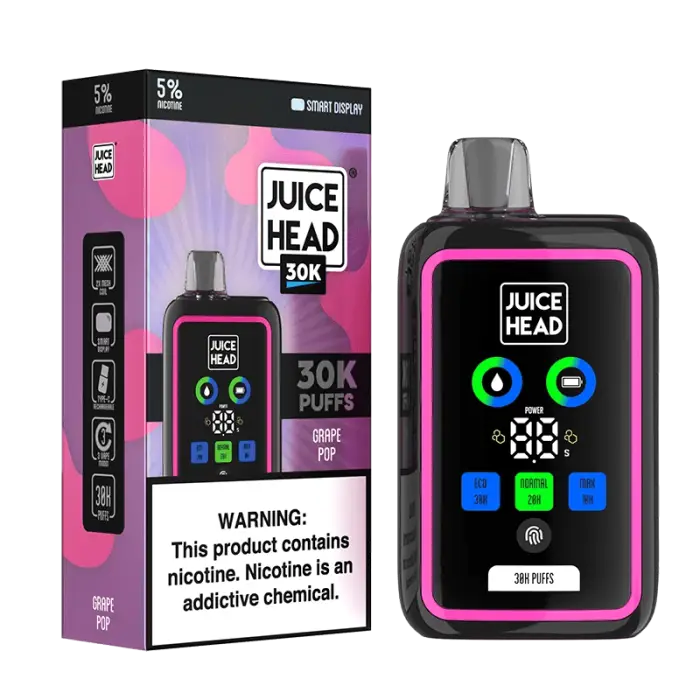 Disposable vape device called ’Juice Head’ with a colorful digital display and packaging.