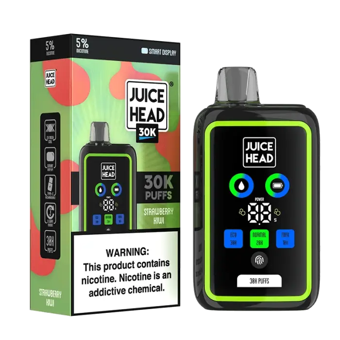 Electronic vaping device with a colorful display and its product packaging.