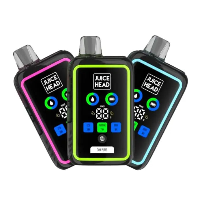 Three electronic vaping devices with colorful LED displays and ’JUICE HEAD’ branding.