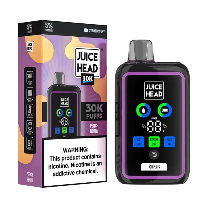 Electronic vaping device with a colorful digital display and its product packaging.