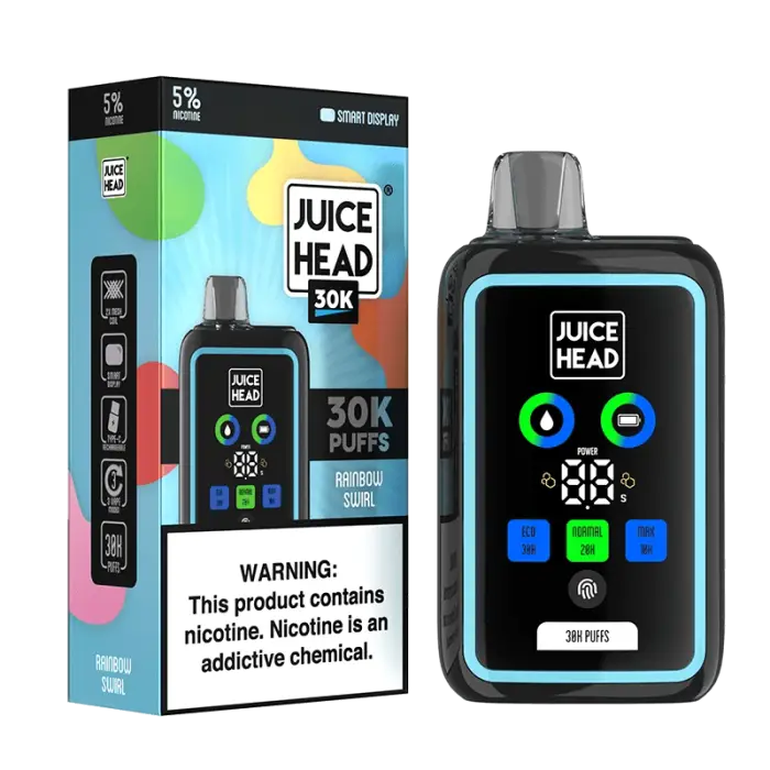 Electronic vaping device with a colorful display screen and its packaging box.