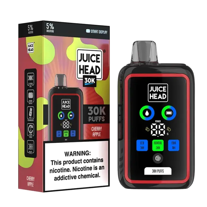 Electronic vaping device with a colorful display screen and its product packaging.