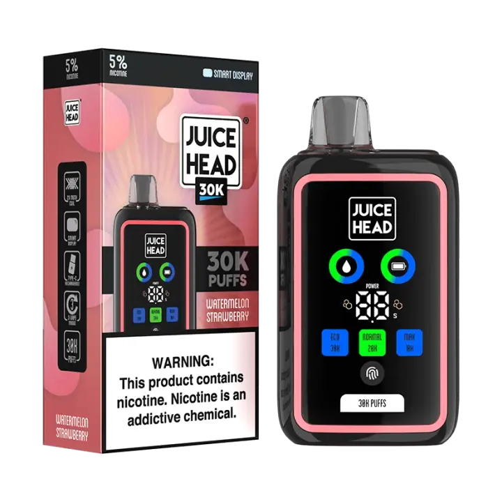 Electronic vaping device with a colorful digital display and its packaging.